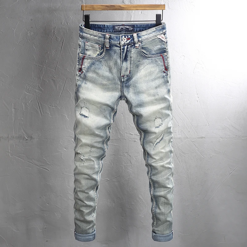 

Street Fashion Men Jeans Retro Light Blue Embroidery Patched Designer Ripped Jeans Men Stretch Slim Fit Vintage Denim Pants