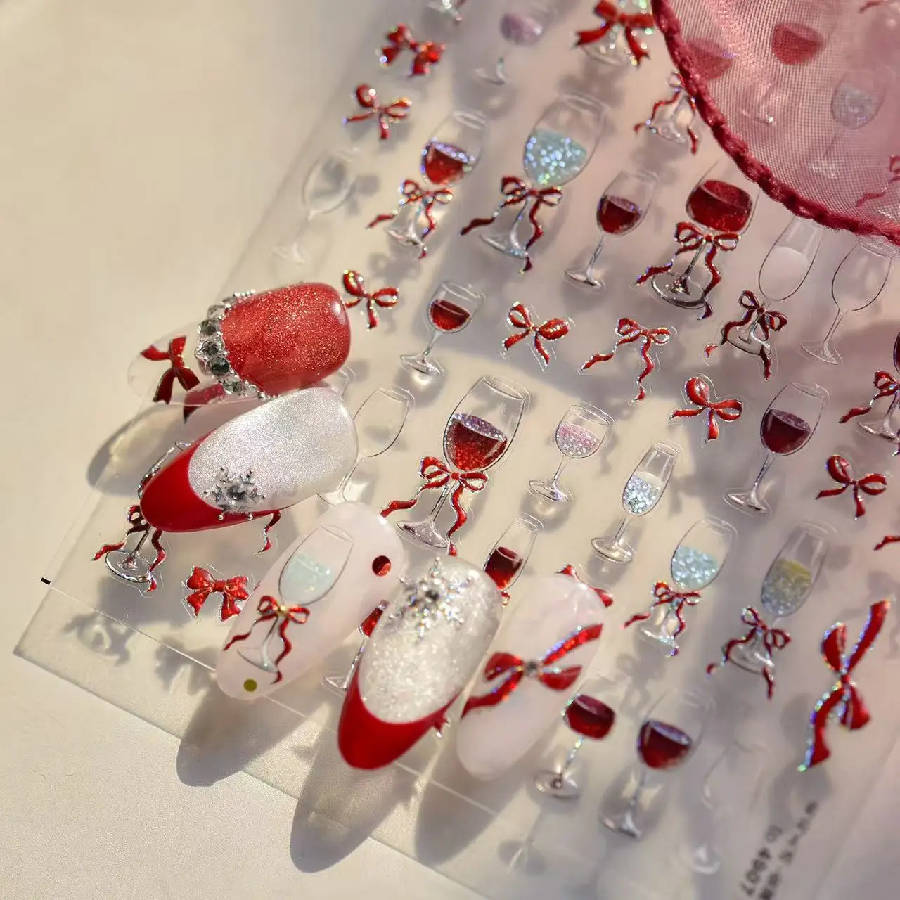 Tomoni 5D Luxurious Red Wine Glass Nail Art Stickers Press On Nails DlY Determine Ribbon Nail Art Decoration Nail Art Supplies
