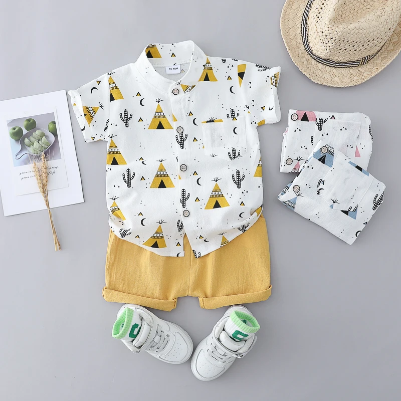 2PCS Children's Summer 100% Cotton Random Full Print Triangle Pattern Short Sleeved Stand up Collar Shirt and Shorts Set