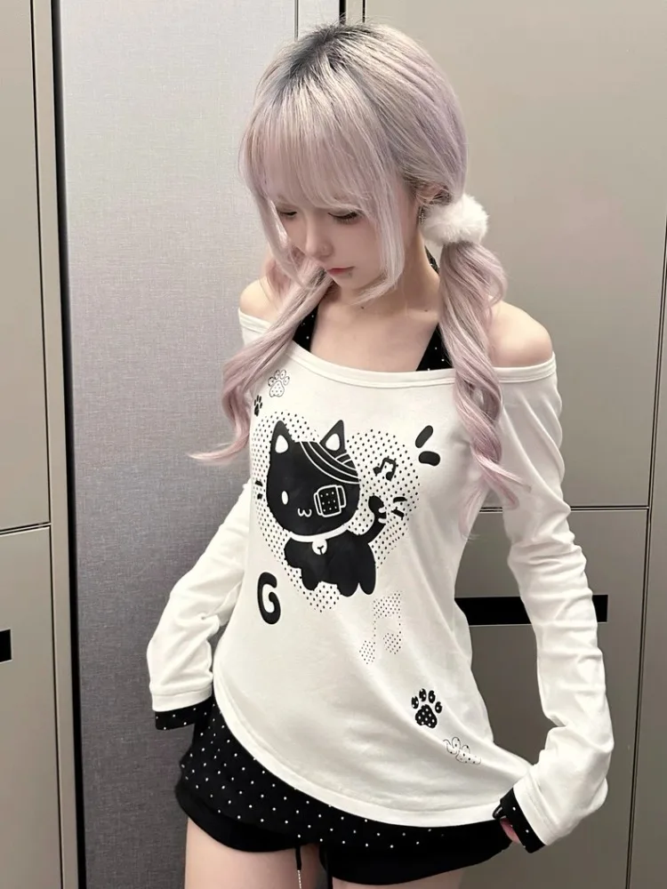 Subkultur Nette Patchwork Polka Dot T-shirt Frauen Süße Krawatte Up Gefälschte Zwei-stück Kleidung Japan Drucken Casual Lange ärmeln Dünne Tops