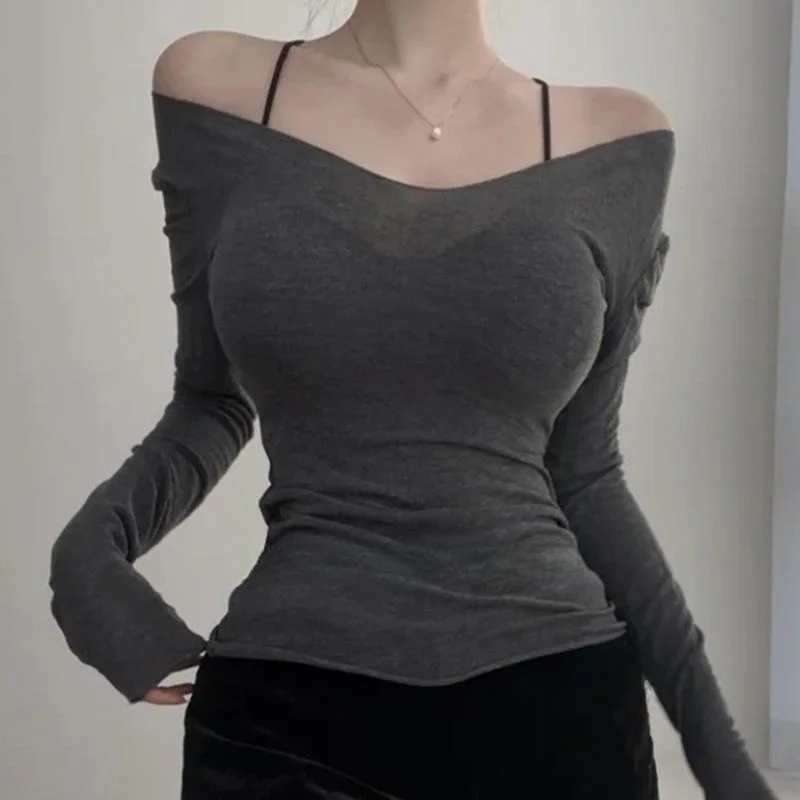 Slim Fit Long Sve Base irt Women's Sle Korean Knitted Top Pure Color V-Ne Highlight Chest Thin Waist Control Autumn ...