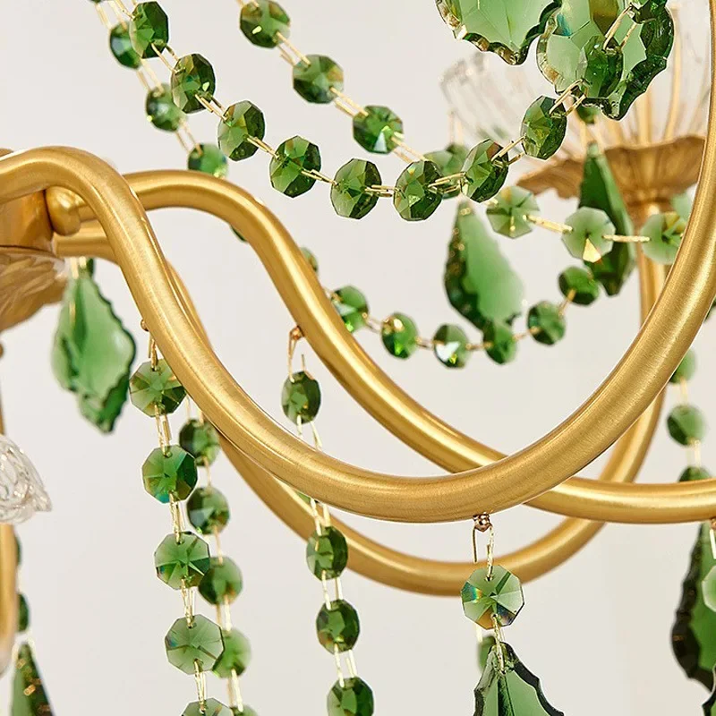 الفرنسية الرجعية النحاس Rreen كريستال غرفة المعيشة الثريات ضوء غرفة الطعام الفاخرة غرفة نوم دراسة شمعة قلادة أضواء E14 مصابيح