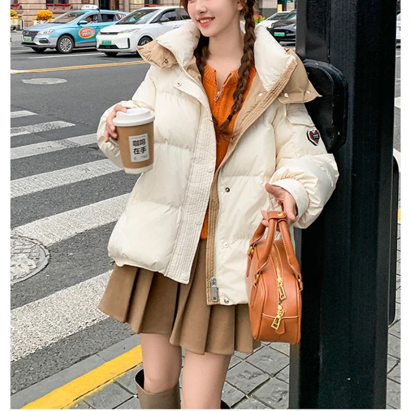 2024 Sweet Contrast Color Stitching Women\'s Down Jacket Fashion Hooded Long-sleeved Winter Warm Coat Commuting All-match Parkas