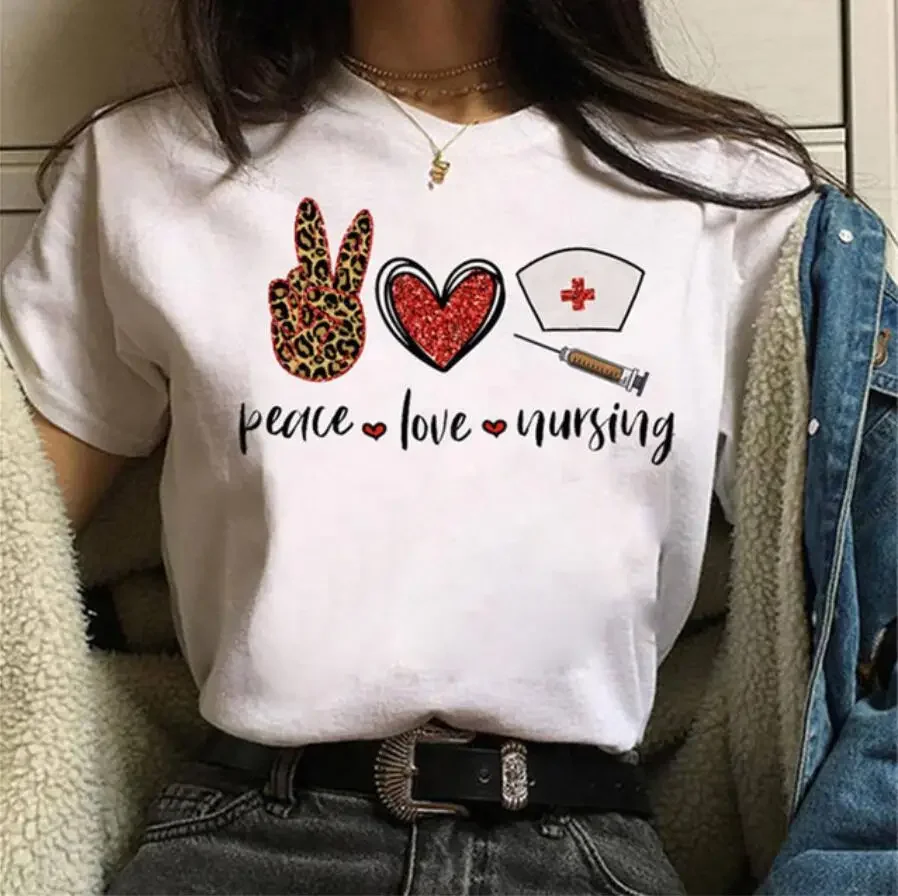 Summer Women's Short Sleeve T-shirt Cartoon Heart Peace Love Series Hand Painted Peace Love Print Harajuku Graphic T Shirts Tee