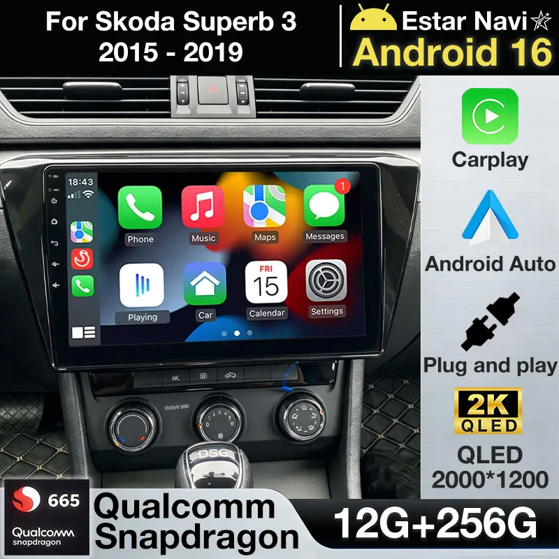 Android 16 Car Radio For Skoda Superb 3 2015 - 2019 Wireless Carplay Android Auto BT Navigation Multimedia Player 2din Head Unit