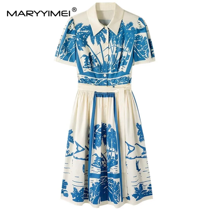 MARYYIMEI Summer Fashion Women's dress Turn-down Collar Short sleeved Coconut print Elastic waist Lace up cotton Dresses