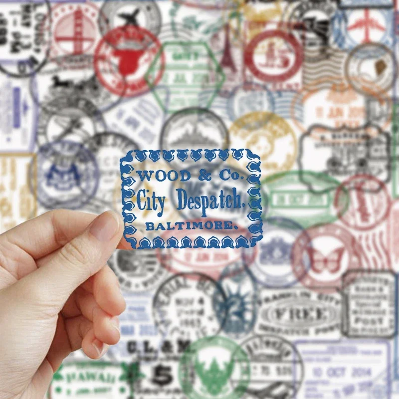 60PCS Retro Postmark Stamp Stub Stickers Personality Trolley Case Guitar Notebook Transparent Graffiti PET Decals Kids Toys Gift