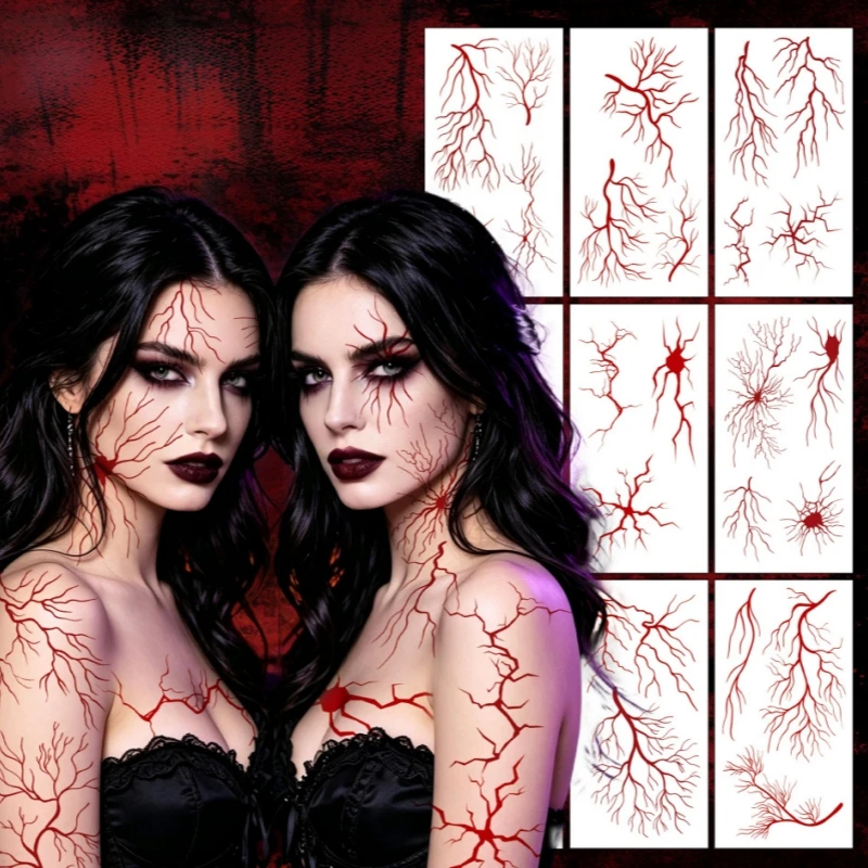 New Halloween Realistic Red Blood Vein Temporary Tattoos Crack Scar Nerve Vessel Tattoo Stickers Cosplay Party Face Body Decals