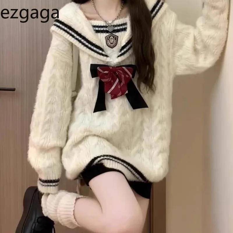 

Ezgaga Knitted Sweater Women Preppy Style Bow Sailor Collar Loose Sweet Fashion Vintage Pullover Contrast Female Jumper