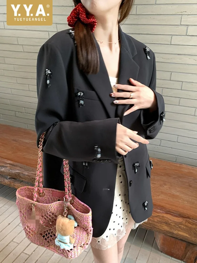 Sweet Bowknot Suit Jacket Women Loose Fit Spring Autumn Long Sleeve Single Breasted Black Blazers Coat Fashion Casual Outerwear