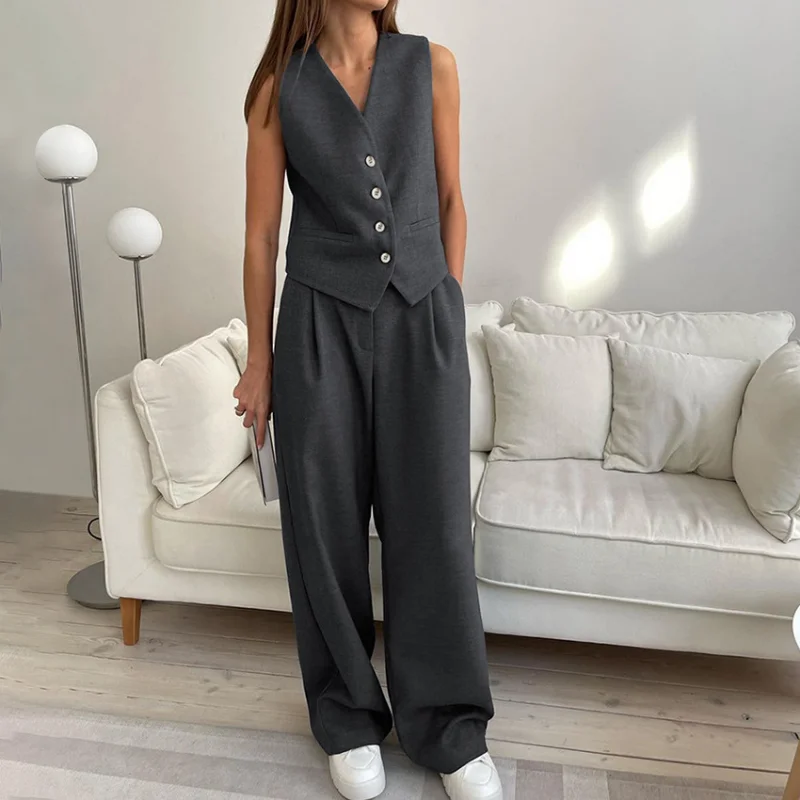 Spring Pants Sets Vest Suit for Women Commute Fashion Gray V-neck Straight Trousers Two-piece Sleeveless Tops Casual Office Wear