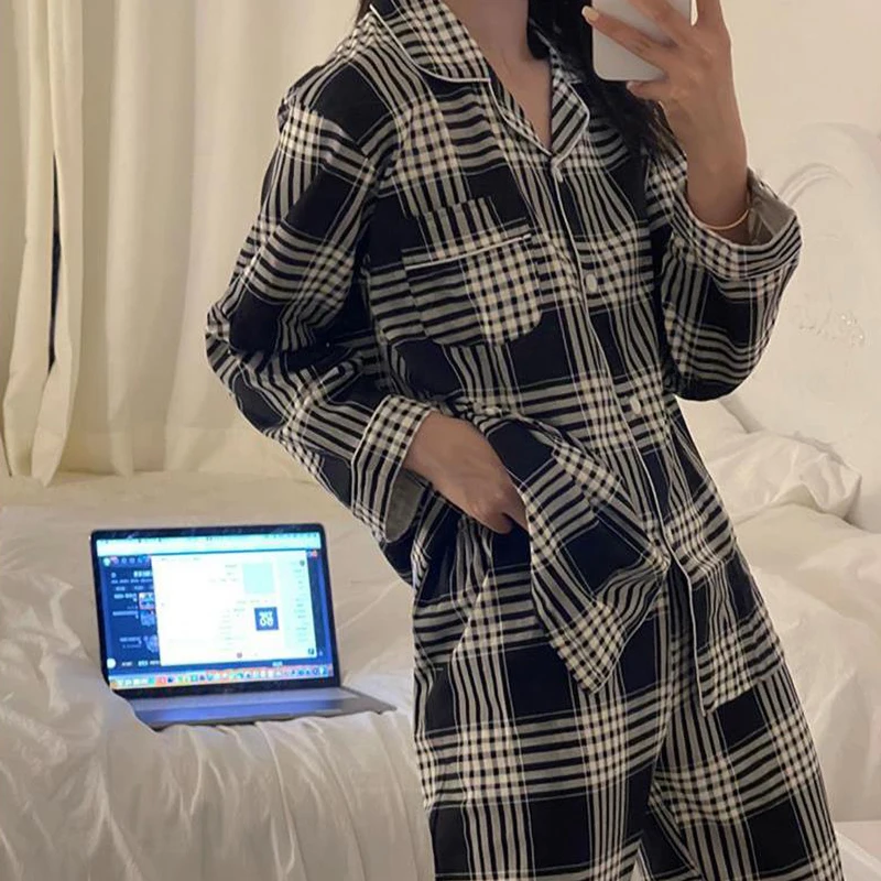 Black Red Plaid Autumn Pajamas Set Women Single Breasted Shirts + Trousers Cotton Vintage Two Piece Home Suit Ins Sleepwear