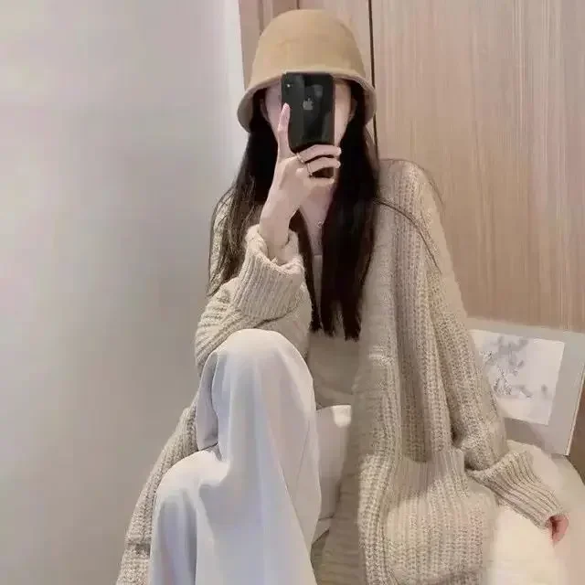 2024 autumn/winter women\'s lazy style mid length over knee sweater, loose and versatile long sleeved knitted cardigan