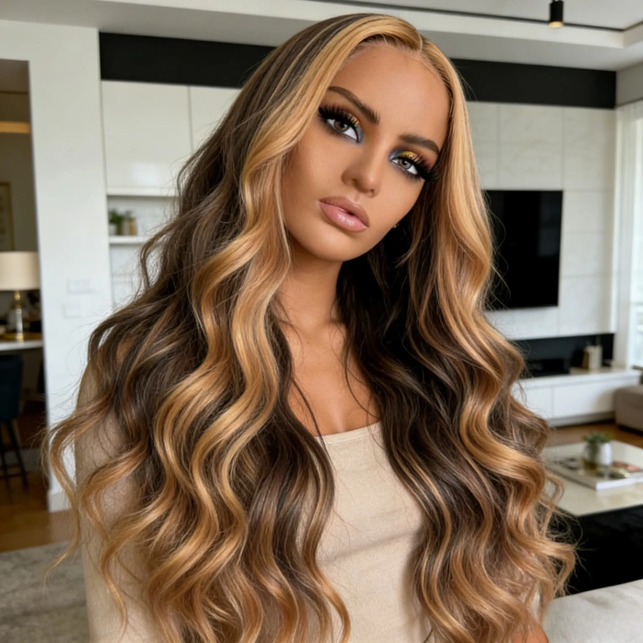 

Парик из натуральных волос Body Wave с кружевной передней частью, без клея, 13x4 HD, коричневый омбре-блонд, плотность 250%, с детским волосом