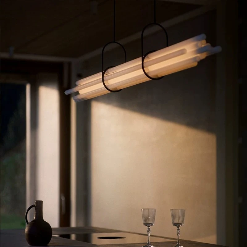 Modern Linear Tube Chandelier Minimalist Multi Frosted Glass Rod Pendant Light Black Metal Frame LED Hanging Lamp for Dining