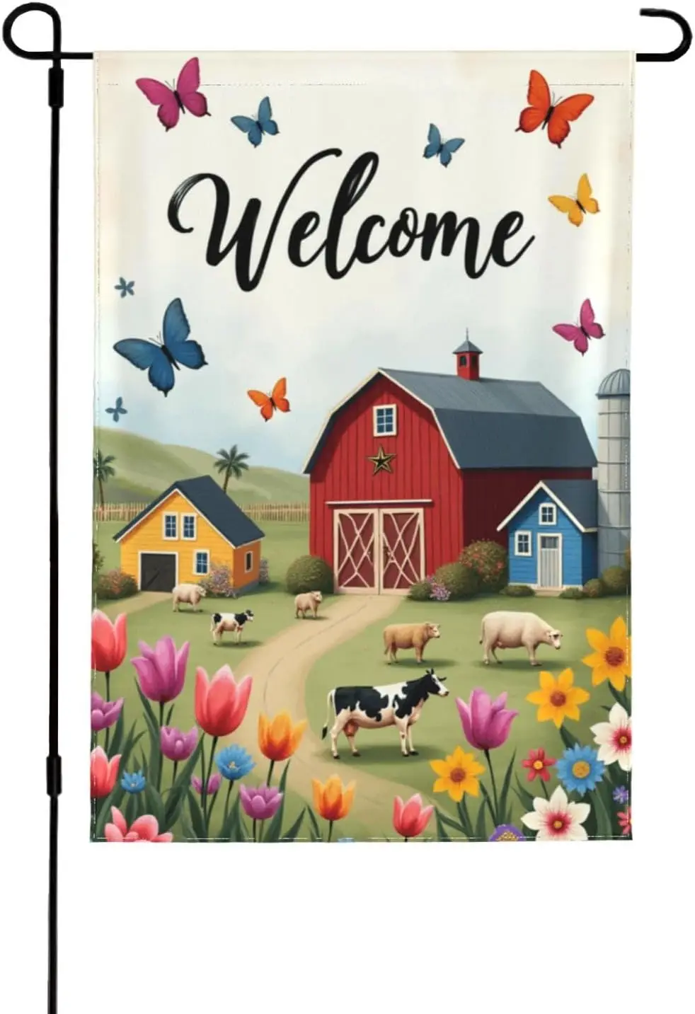 Farm Scene Welcome Sign With Farm Animals And Rustic Barns Double Sided Garden Flag 12X18 Inch Rustic Farmhouse Seasonal Out AAM