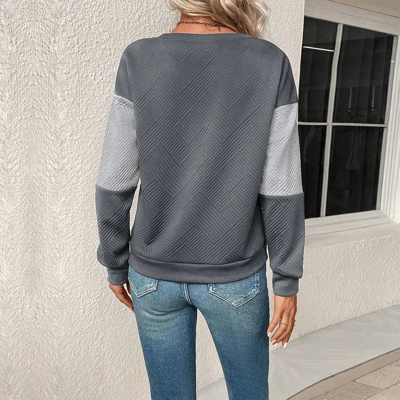 Round Neck Long Sleeve Hoodie Regular Fit Casual with Textured Pullover Women Hoodie Japanese Korean Casual Standard Length