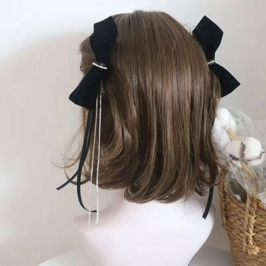 

Свадебные элегантные черные, темно-красные бархатные заколки с большим бантом для девочек, длинные ленты со стразами и кисточками, заколки для волос, свадебные аксессуары