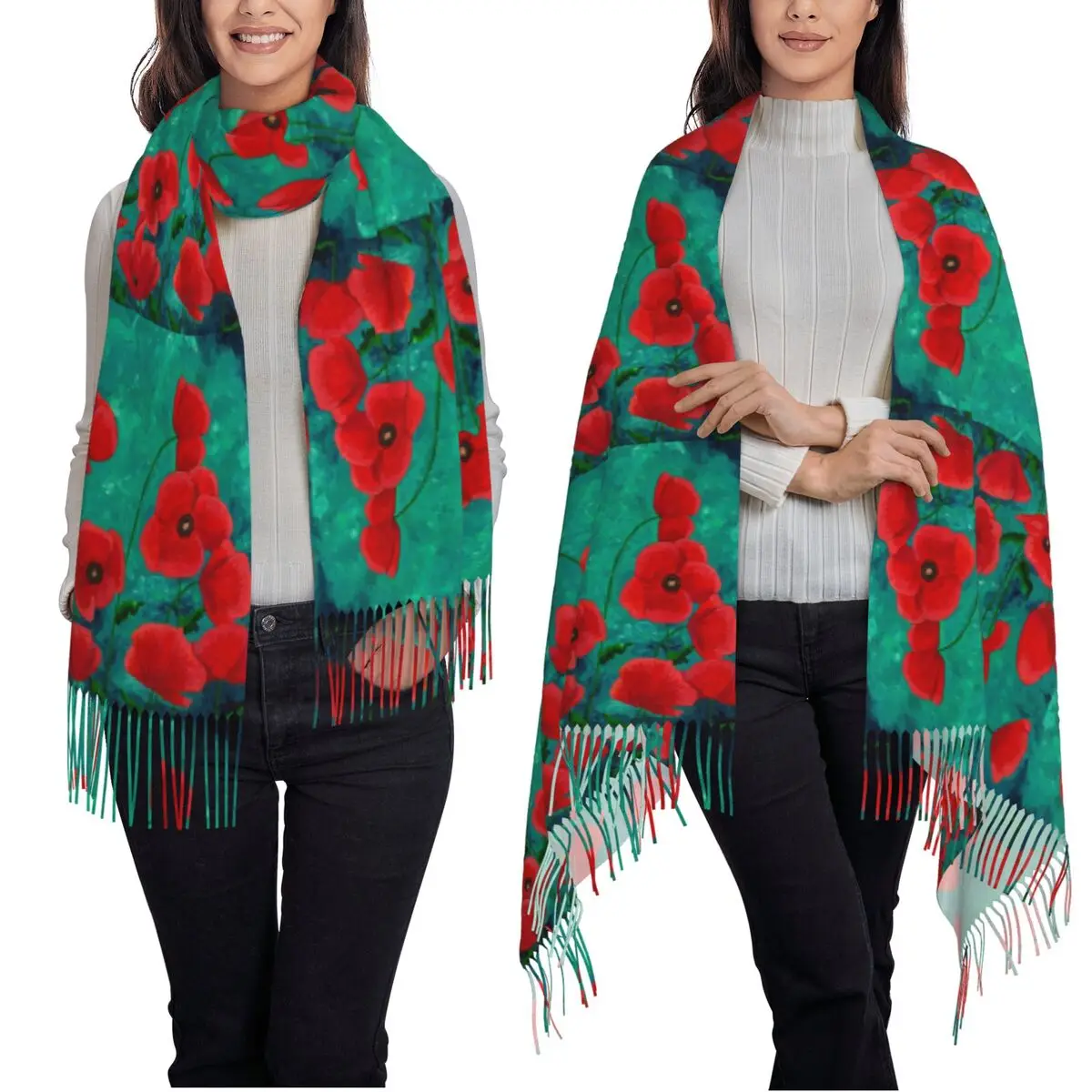 

Red Poppies Poppy Scarf Tassel Scarves for Women Soft Warm Shawls and Wraps Long Fall Winter Shawl Wrap
