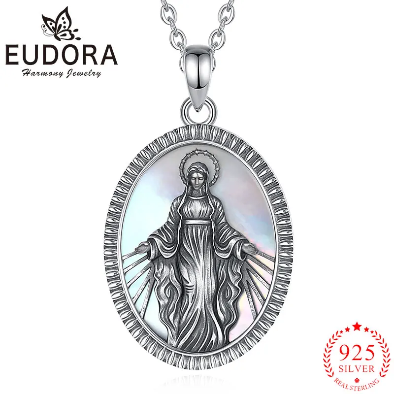 

Eudora 925 Sterling Silver Virgin Mary Necklace White Abalone Shell Mother of God Medallion Pendant Religious Jewelry for unisex