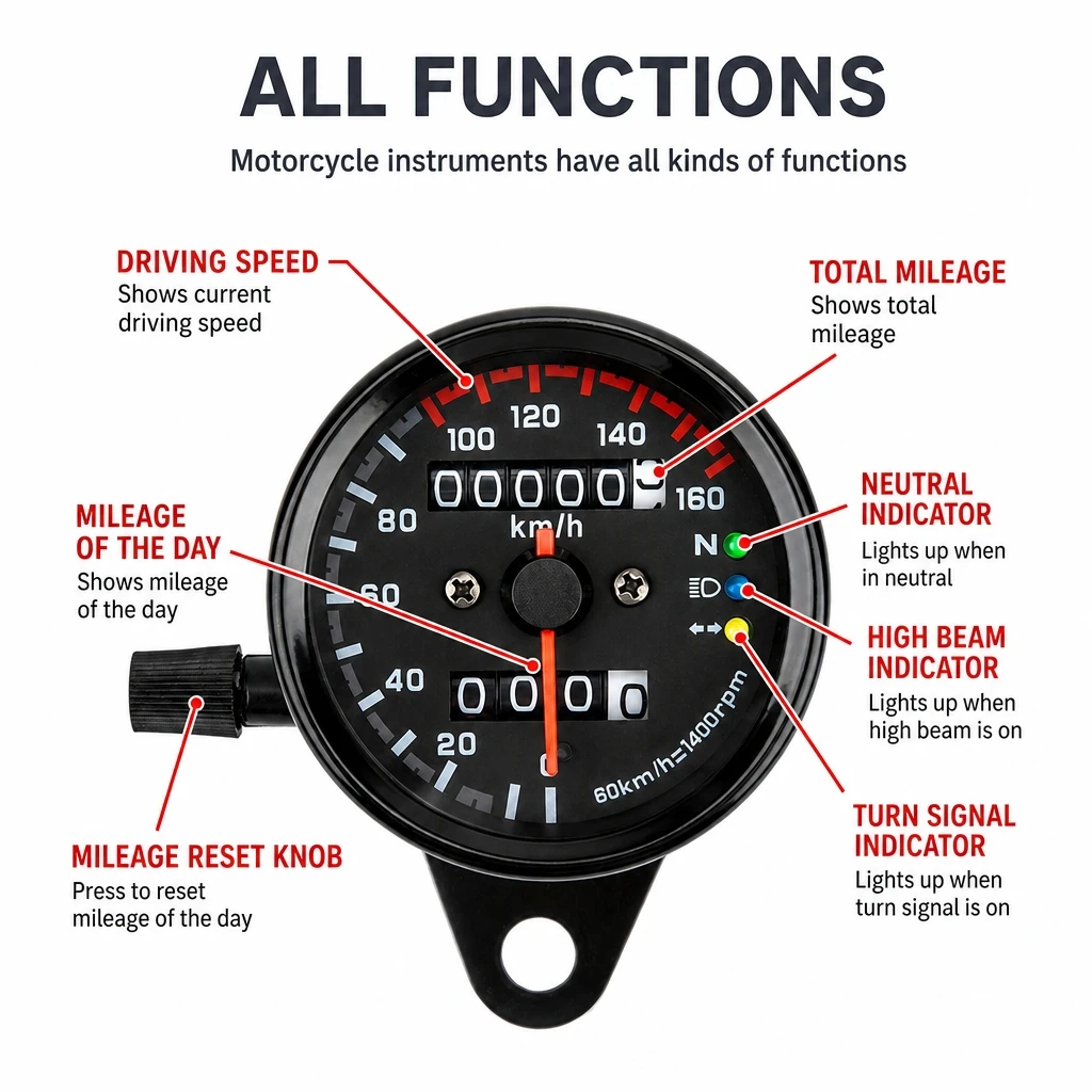 Retro Motorcycle Speedometer 12V LED Backlight Dual Odometer Gauge with 3 Indicator Lights, Motorbike Modified Speed Meter