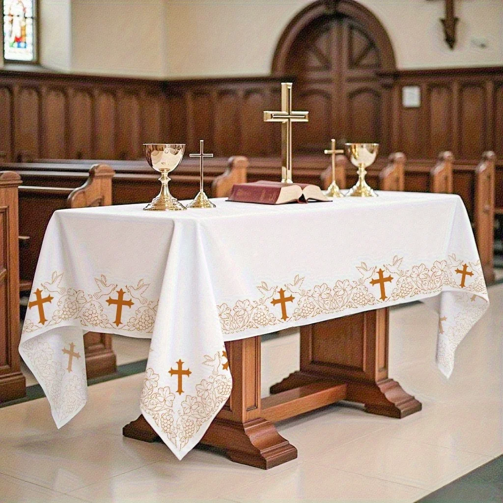 Elegant white rectangular polyester tablecloth with a golden cross pattern and grapevine print