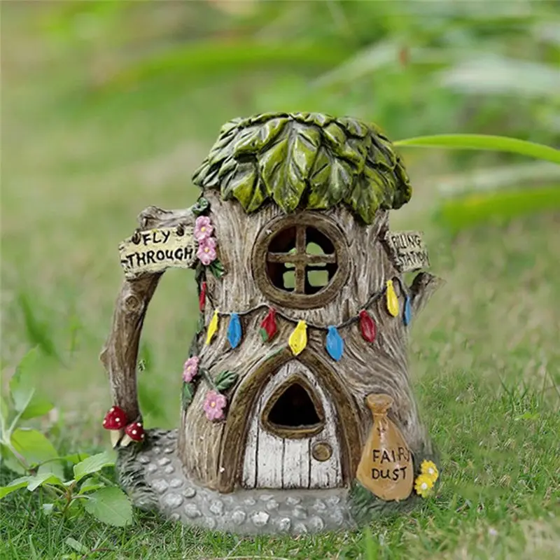 A53Q-Resin Houses Ornaments With Solar LED Lights Fairy Garden Accessories Outdoor Cottage Figurines Lawn Ornaments A