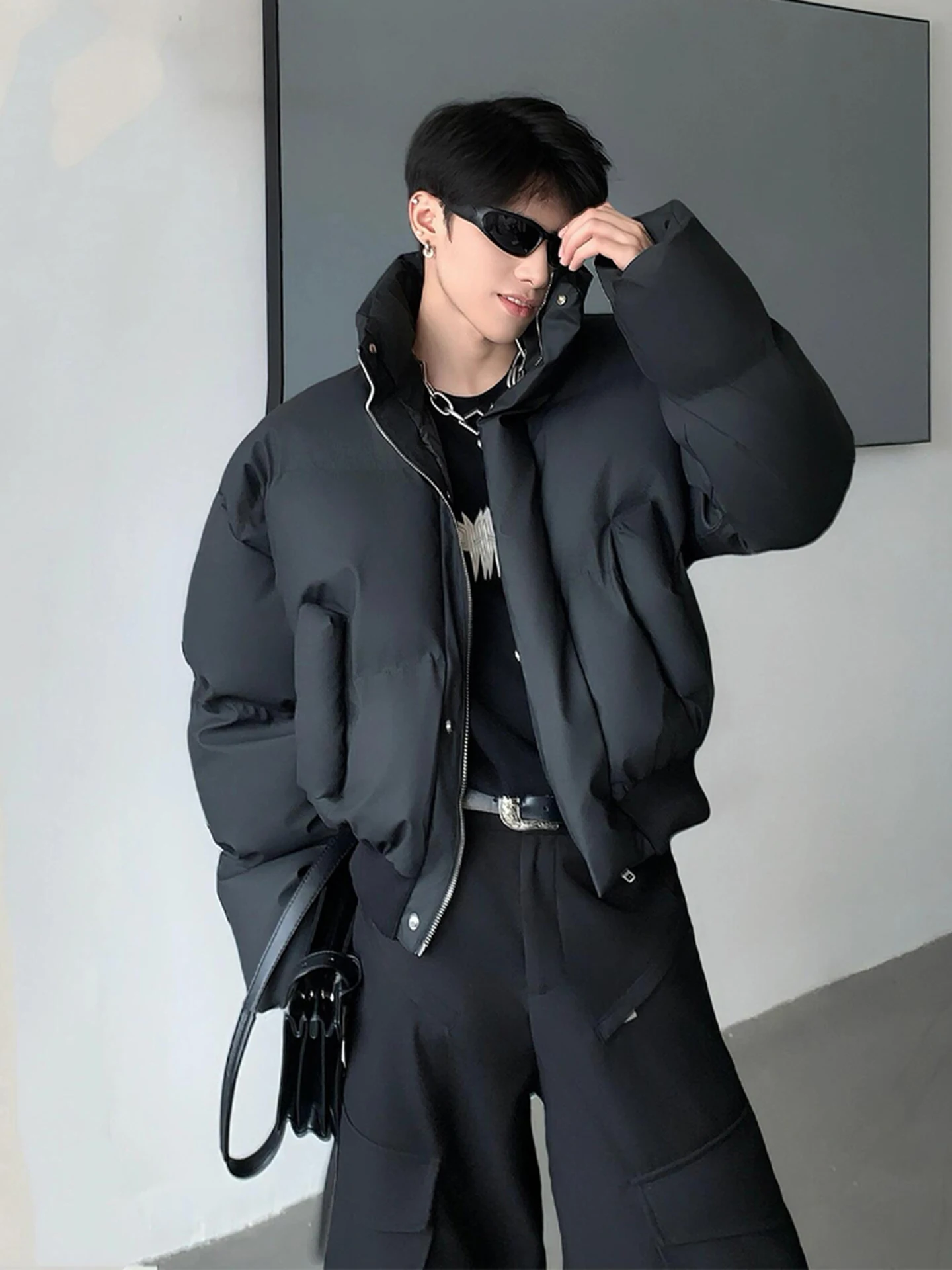 

Men's ort Padded Jaet Thiened down Cotton Coat PU Leather Warm Winter Outerwear Stand Collar American Sle Riding Outdoor