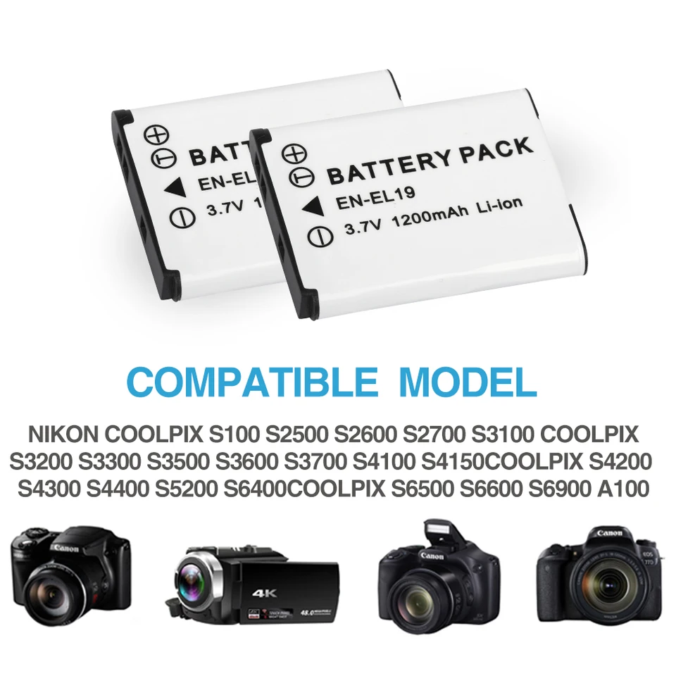 Lot 2 Batteries 3.7V 1200mAh EN-EL19 + Chargeur USB Double – Compatible Nikon Coolpix S2600, S3100, S3500, S5200, S6900 Etc.