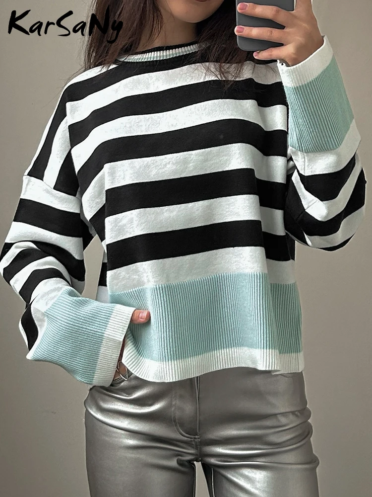 Striped Knitted Sweater For Women Autmun Winter Basic Oversized Vintage Drop Shoulder O Neck Long Sleeve Women\'s Pullover Jumper