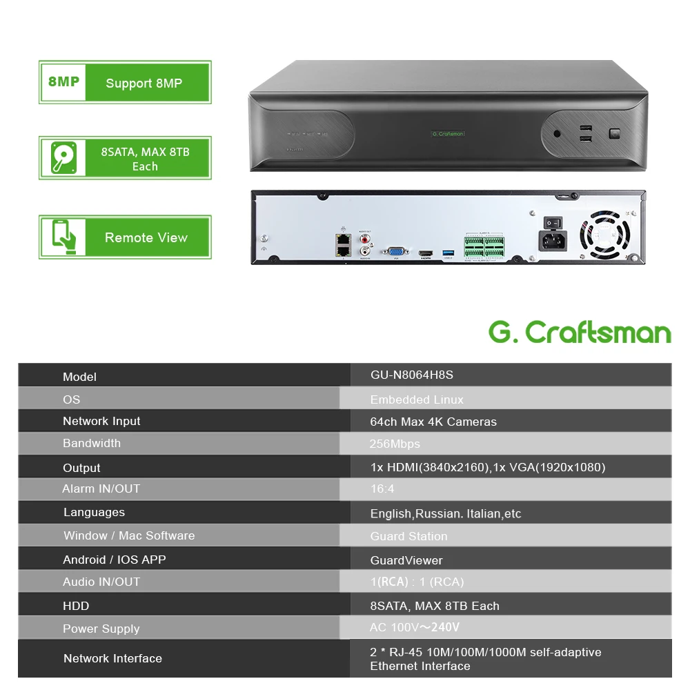 GU-N8064H8S(AG) GCraftsman 4K 8MP 64CH CCTV Security NVR with IP Camera System Guard Station Guardviewer Cross Line