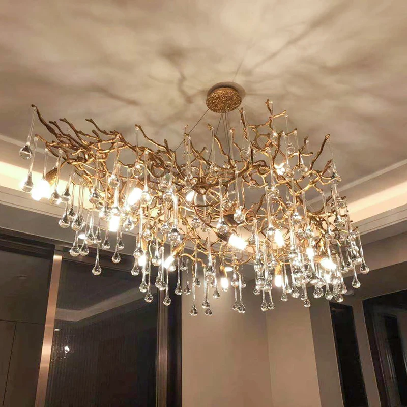 

Modern LED All Copper Branch Crystal Chandeliers Water Drops Luxury Ceiling Chandelier Lighting Tree Luxury Pendant Copper Lamp