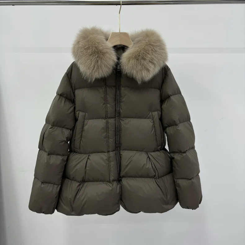 Schinteon Women 100% Real Fox Fur Collar White Duck Down Jacket with Hood Autumn Winter Warm Casual A-lined Warm Outwear Cape