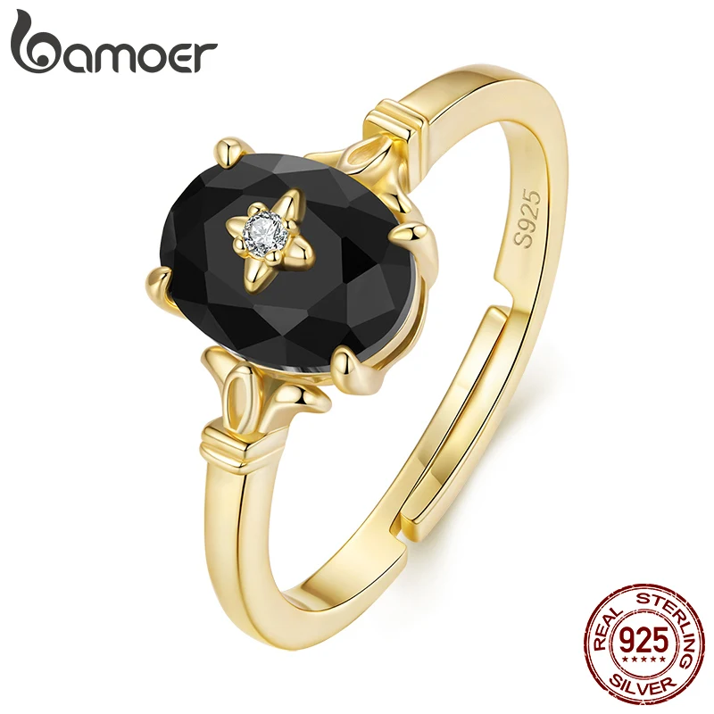 

Кольцо Bamoer из стерлингового серебра 925 пробы с черным овальным цирконом, регулируемое, с 4 зубцами, покрытие 18K золотом, для женщин, в стиле панк, подарок для вечеринки