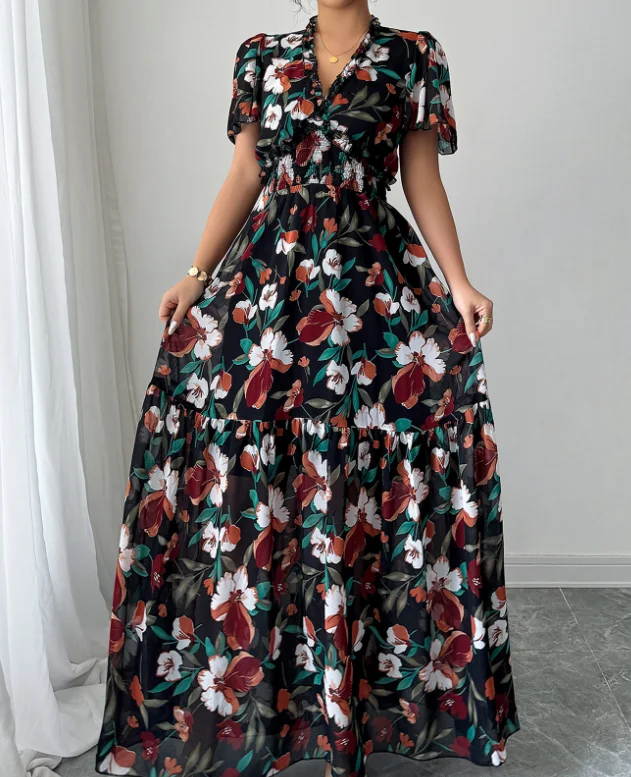 

Elegant Dresses for Women Elegant Printed V-Neck Dress 2025 Summer New Puff Sleeve Women's Fashion High Waist Sexy Party Dresses