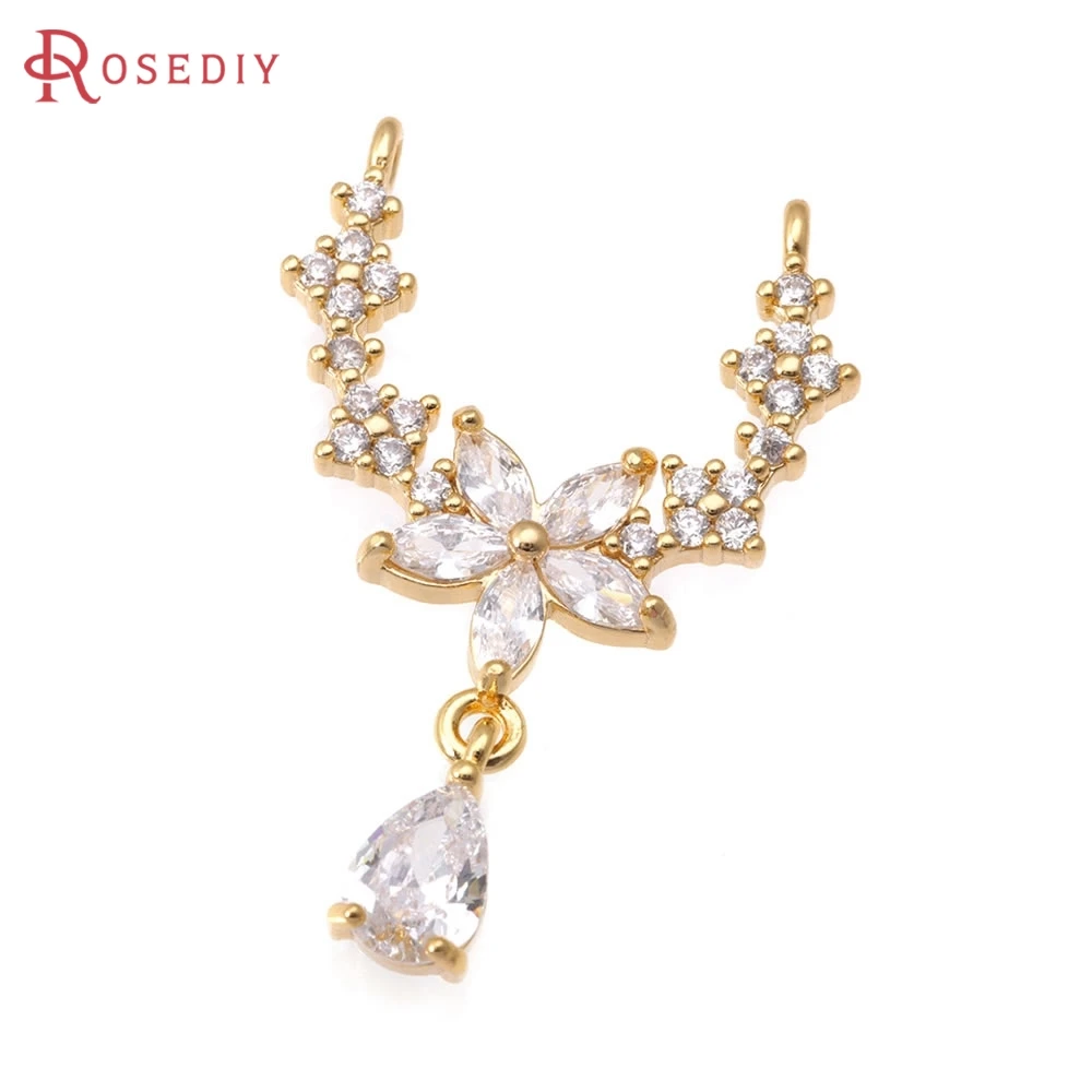 

2PCS 18K Gold Color Brass Zircon 2 Holes Flower Drop Connect Charms Pendants High Quality Diy Necklace Earrings Jewelry Making