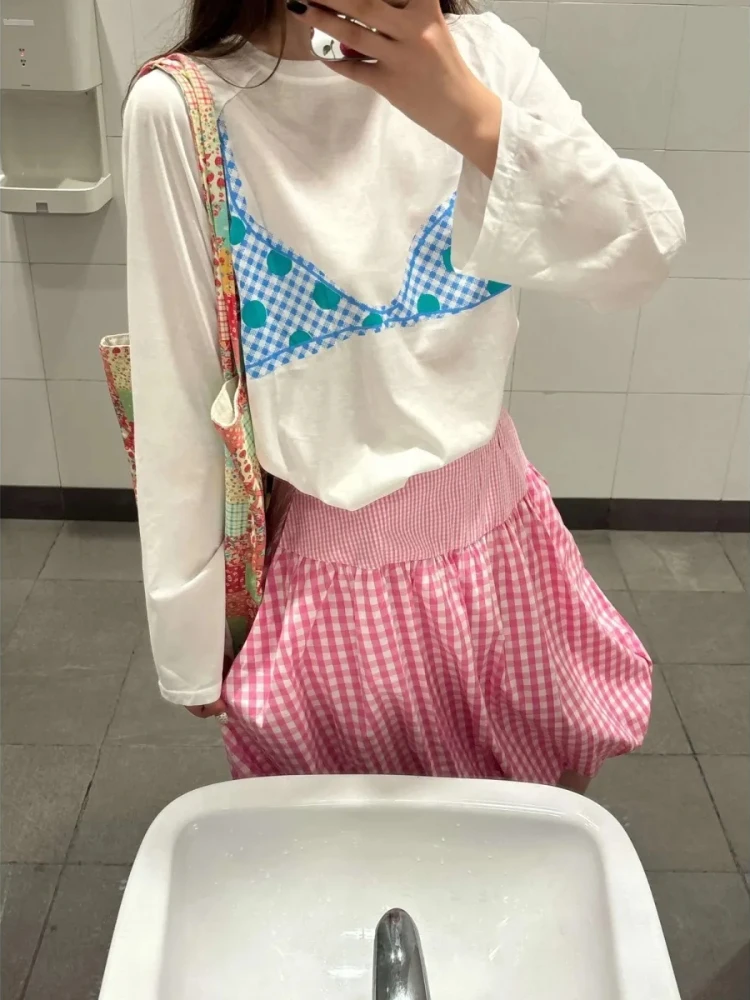 

Корейская футболка Ins Bar с принтом в горошек Y2k, женская осенняя футболка с круглым вырезом, свободные топы с длинными рукавами, повседневные шикарные уличные футболки, винтажные