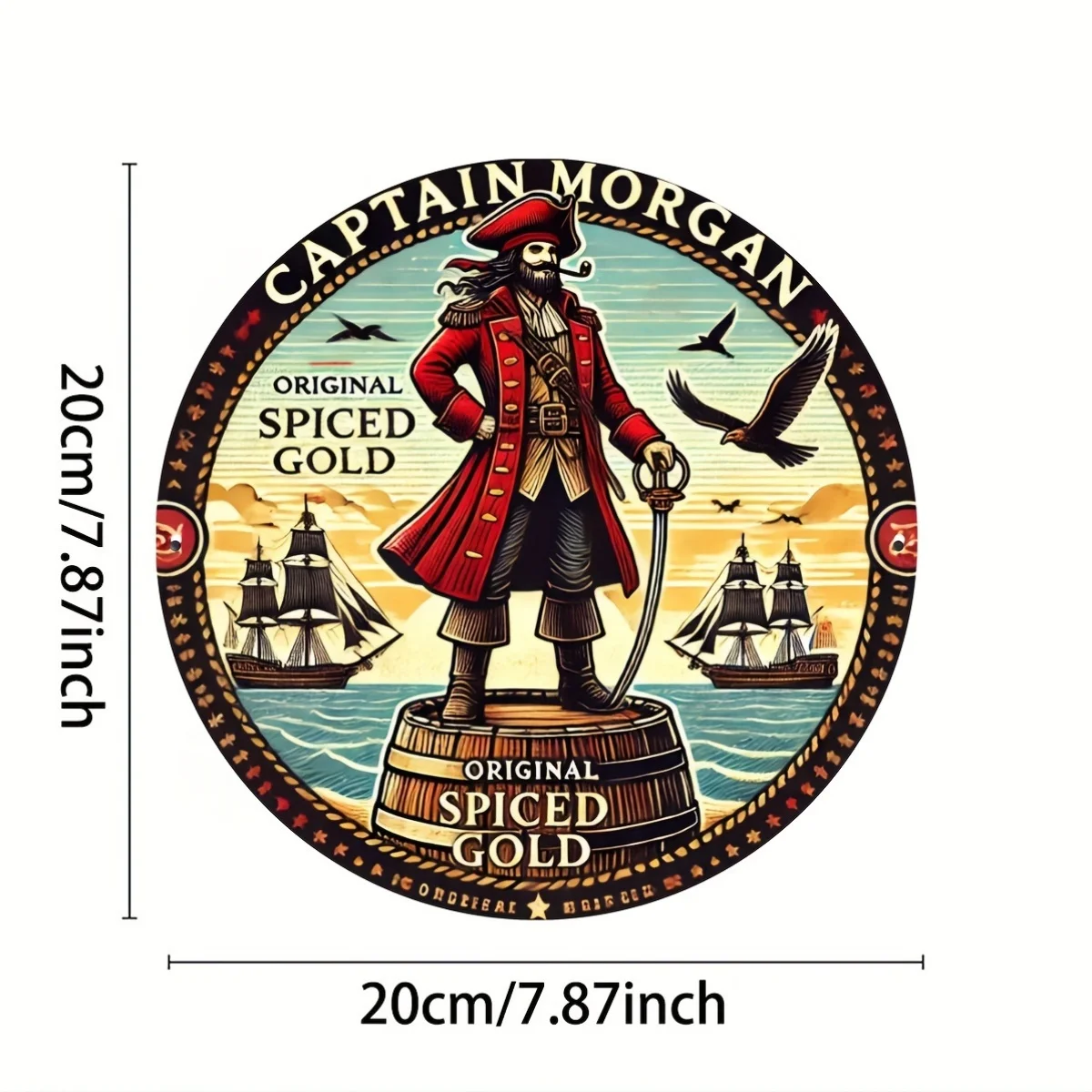 علامة نقش من رقائق الألومنيوم المستديرة الذهبية المتبلة الأصلية من كابتن مورغان، ديكور جداري متعدد الأغراض للمنزل والبار