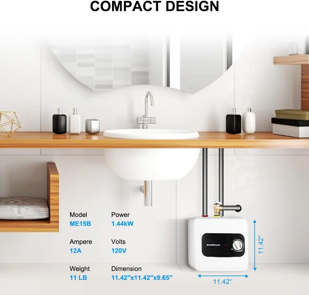 CAMPLUX pemanas air listrik tangki Mini, pemanas air panas 1.3 galon 120V, pemanas air bawah wastafel dengan colokan kabel 1,44 KW