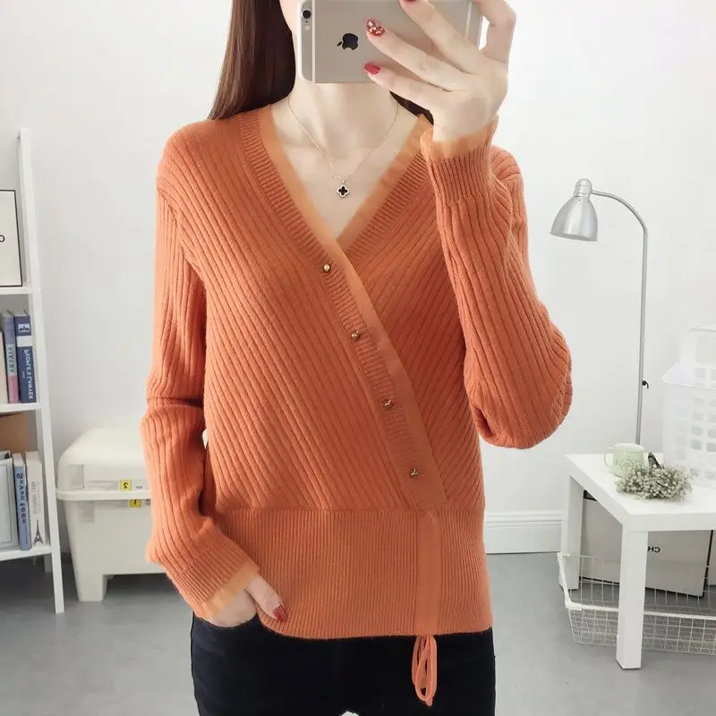 Autumn New Women V-Neck Sweater Korean Fashion Solid Lace Button Drawstring Temperament Loose Long Sleeve Pullovers Knitted Tops