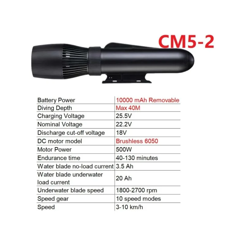 카몰렉 500W 수중 스쿠터: 40m 프리다이빙, 브러시리스 모터, 60분 슈퍼 배터리 수명, 10000mAh 용량.