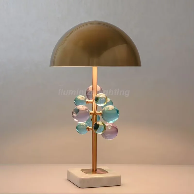 

Factory Supply American Style Indoor Luxury Crystal Colorful Ball Decorative Marble Gold Metal Bedside Table Lamp for Bedroom