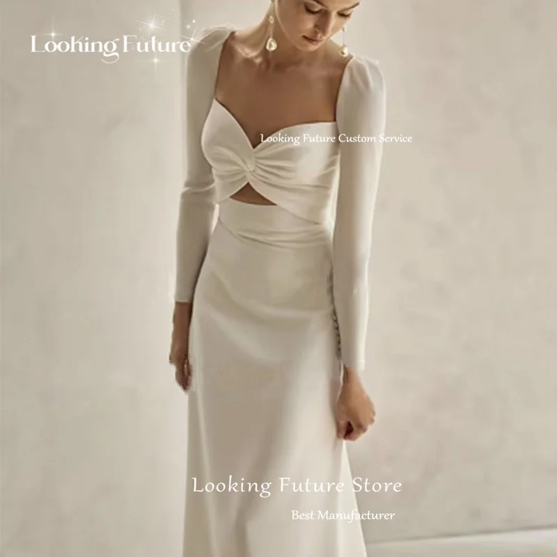 Simple Long White Mermaid Wedding Dress Square Collar Formal Pleat Long Sleeves Vintage Corp Top Backless Button Sweep Train2024