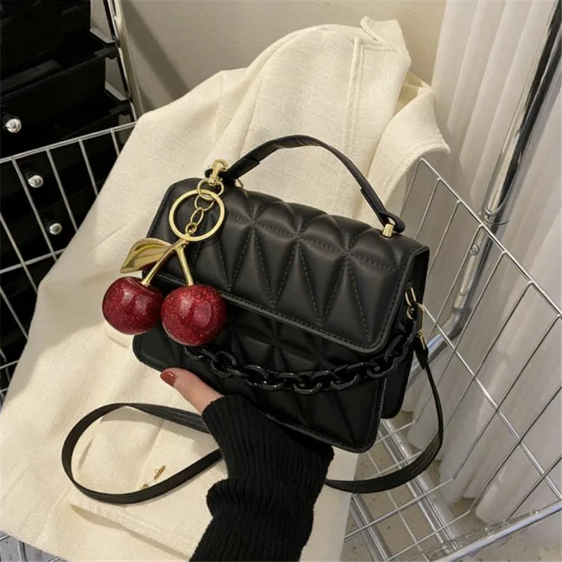 Chic Black Quilted Handbag with Sparkling Cherry Charms, Stylish Top Handle Crossbody Bag, Perfect for Women Daily Outfit Party