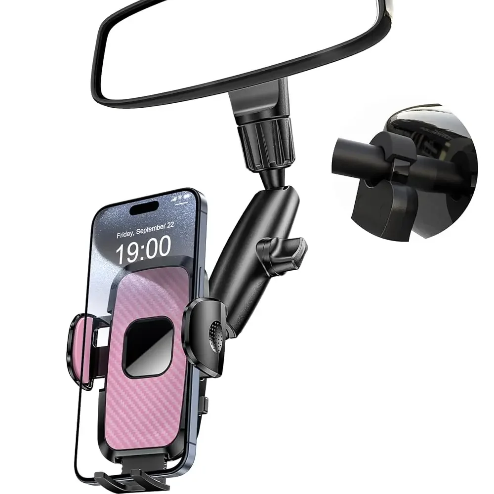 

Rear View Mirror Phone Holder, 360° Rotating Car Phone Holder Mount Compatible with All 4-7 Inch iPhone and Android Cell Phon
