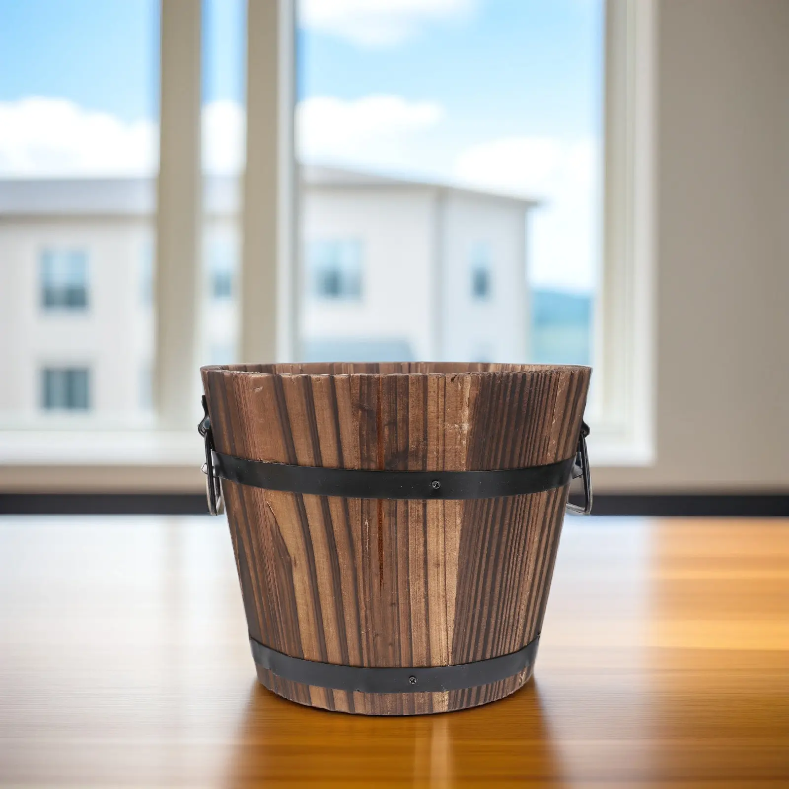Wooden Round Barrel Planter Large Brown Eco Friendly Flower Pot Home Office Garden Decoration Rustic Wood Bucket Planter view 6