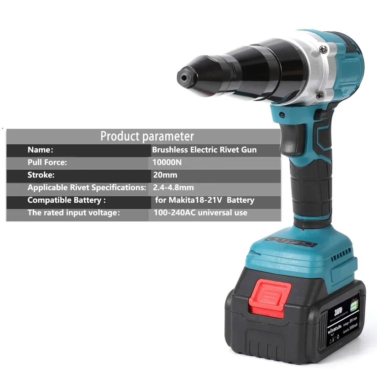 WOYOFADA 10000N Brushless Electric Rivet Gun 2.4~4.8mm Cordless Rivet Nut Gun Drill Insert Power Tools For Makita 18V Battery