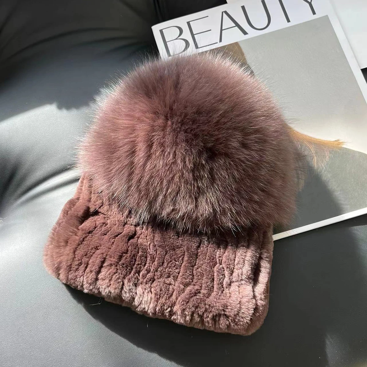 Winter New Women Luxury Real Rex Rabbit Fur Hat Knitted Rex Rabbit Fur Hat Top Natural Fox Fur Cap Genuine Fox Fur Beanies Hat