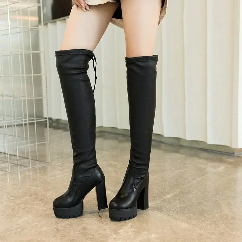 2024Winter Sexy Boots Tight Knight Suede Round Toe Combat for Women Warm Slip on Over The Knee Botines De Mujer Black Long Botas