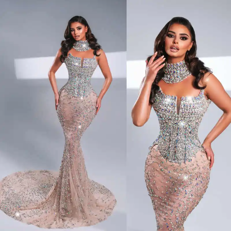 

Gorgeous Prom Dresses Sparkly Crystals High Neck Party Mermaid Evening Gowns Plus Size Banquet Dress Customized